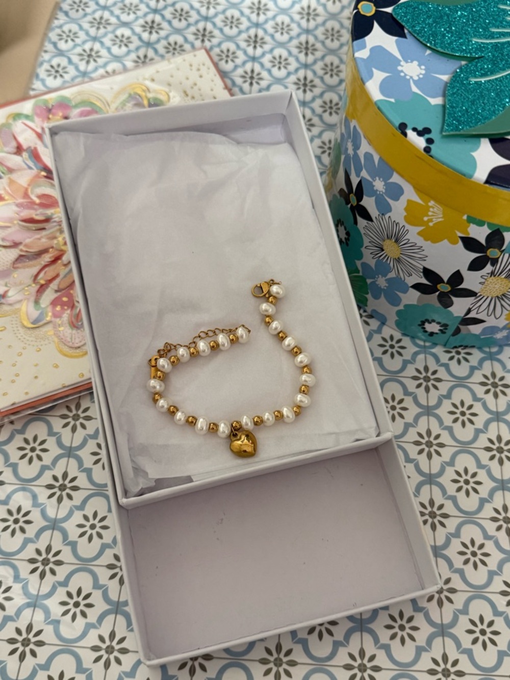 Gold and Pearl Heart Charm Bracelet - Women's Jewelry